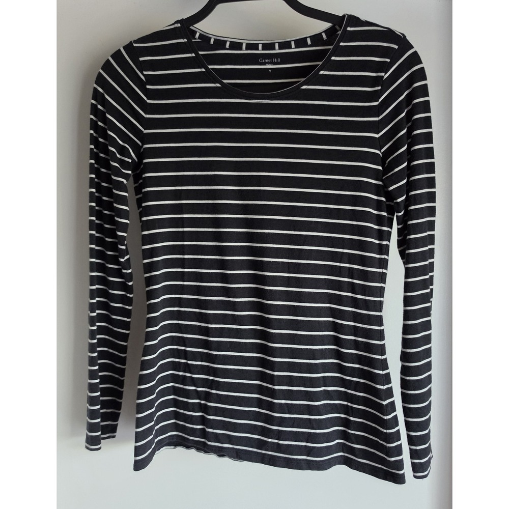 Garnet Hill Long Sleeve Shirt XS Black White Striped Classic Casual Top Blouse